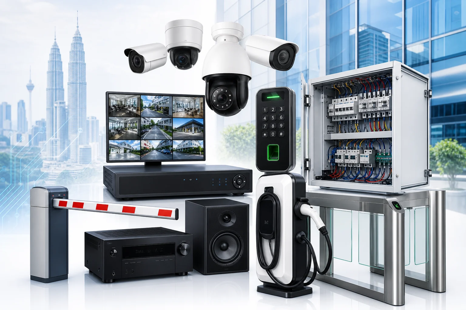 CCTV cameras, access control, audio equipment, EV charger and electrical panel
